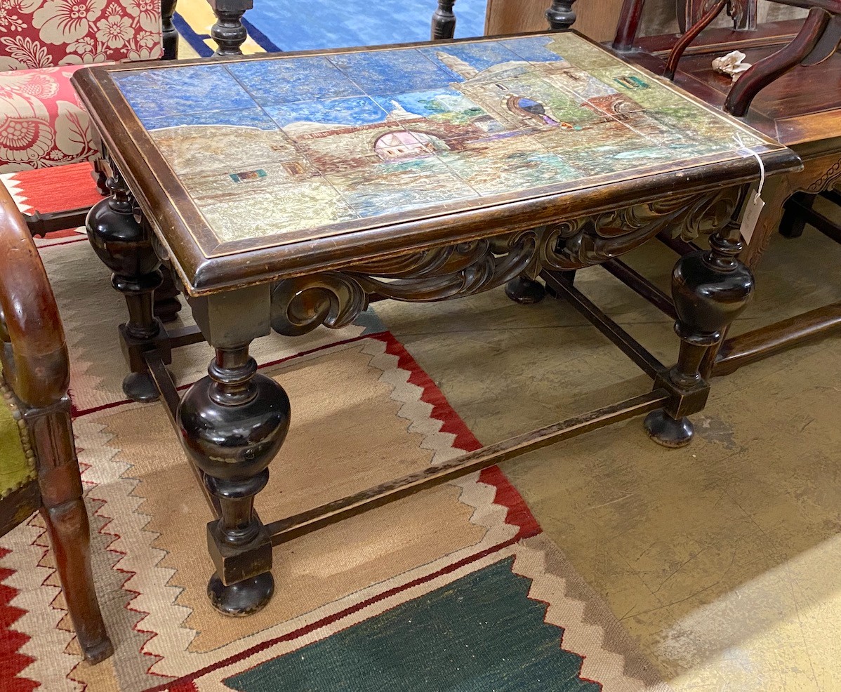 A Jacobean revival rectangular tile top coffee table, width 86cm, depth 59cm, height 54cm